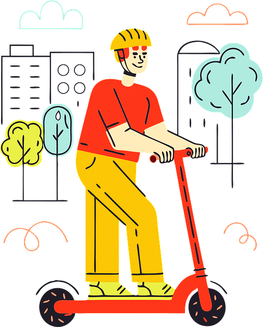 빨간 전동킥보드를 탄 남자가 길을 달린다. 노란 헬맷을 쓰고 빨간 반팔 셔츠를 입었다.