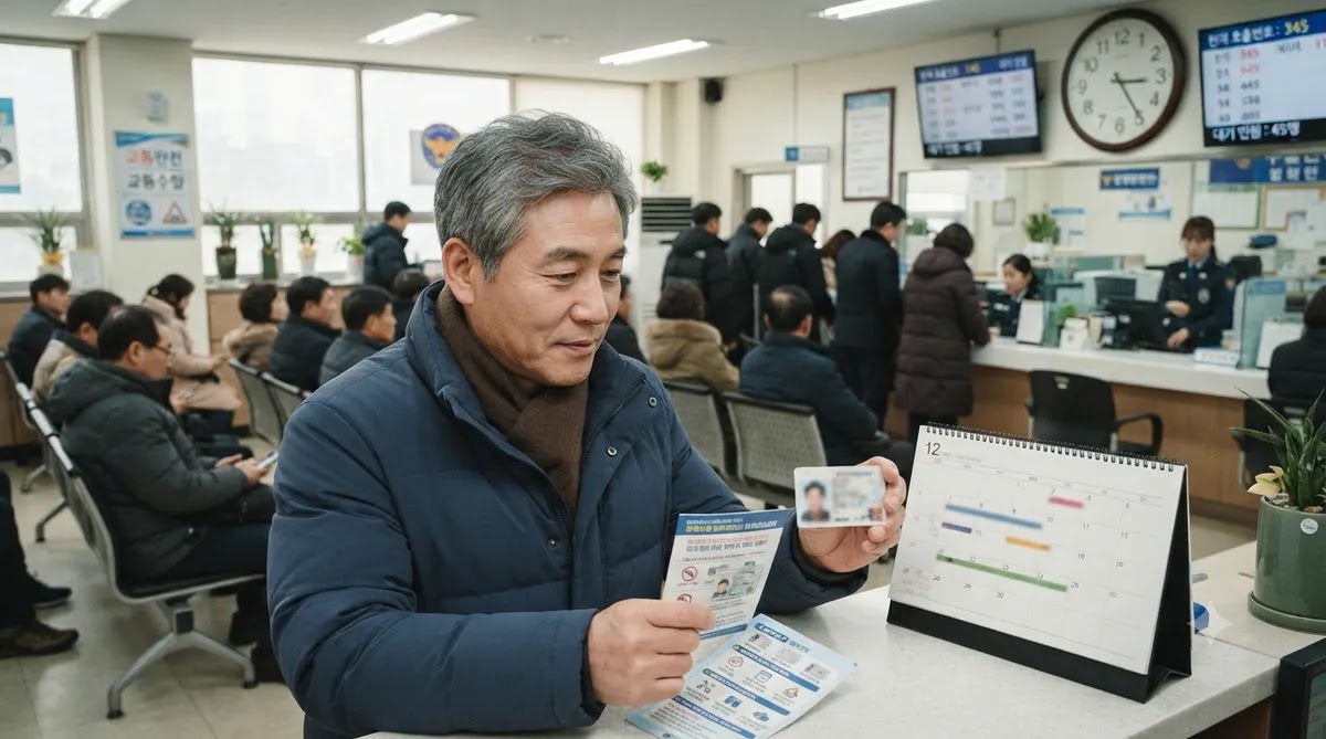 운전면허증과 달력을 확인하는 운전자