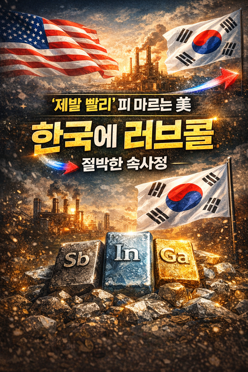미국 국기와 공장 실루엣, ‘한국에 러브콜’ 문구가 강조된 희귀 금속·자원동맹 뉴스형 썸네일 이미지