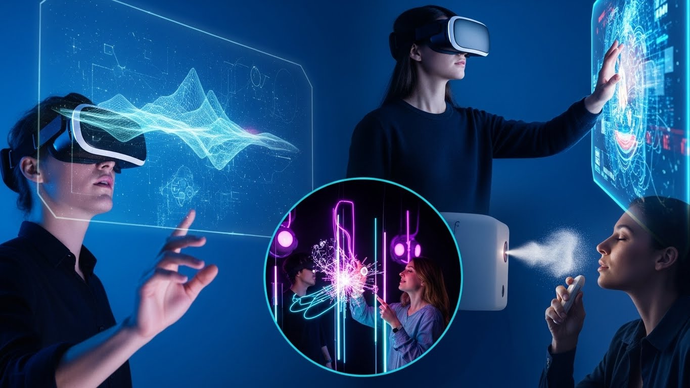 VR 헤드셋으로 가상 세계를 탐험하고 미디어 아트에 몰입하며 오감을 자극하는 미래형 여가 경험.