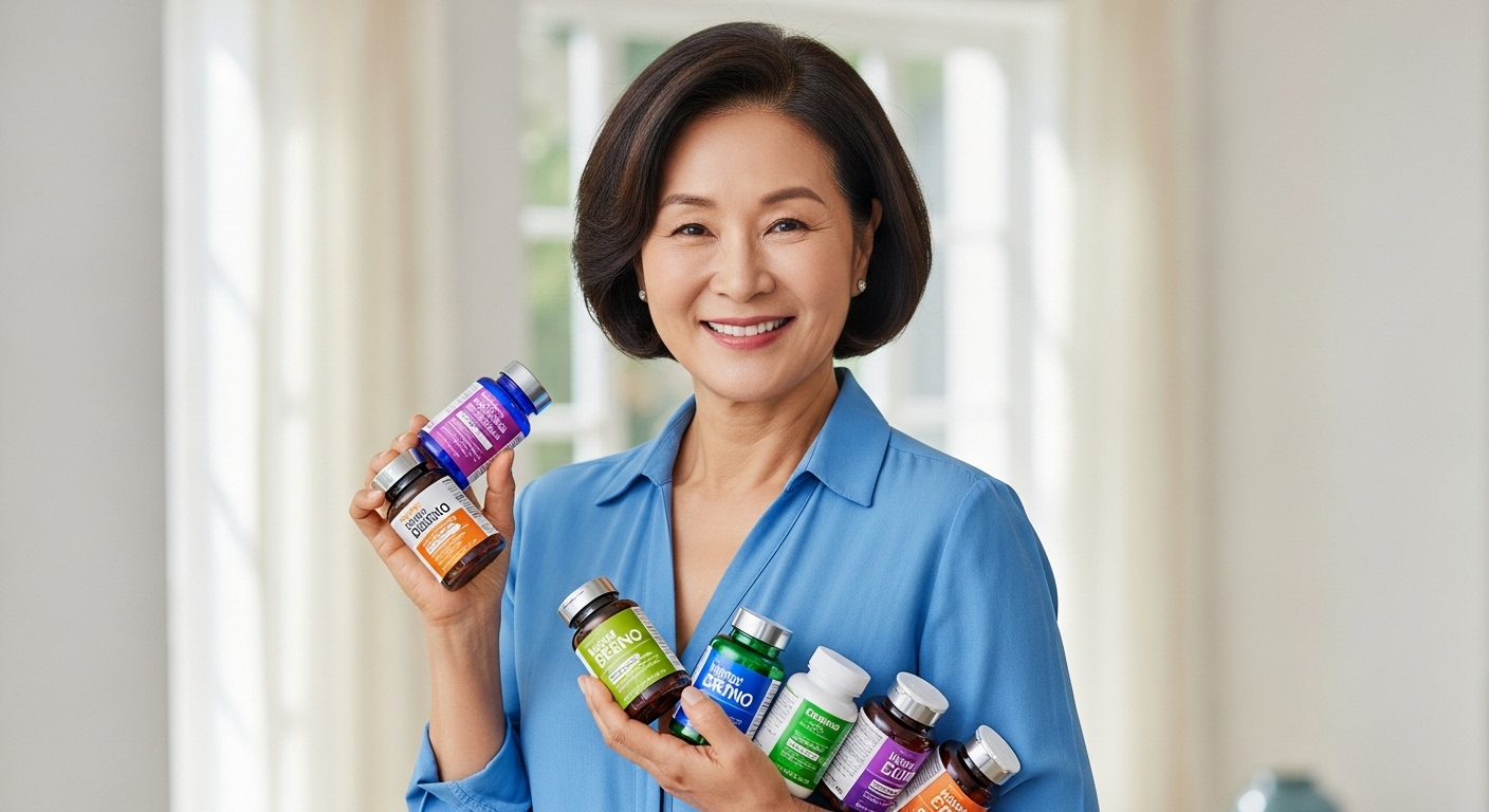 50대 한국 여성이 활짝 웃으며 다양한 색상의 영양제 병들을 들고 있는 모습. 건강하고 활기찬 분위기.