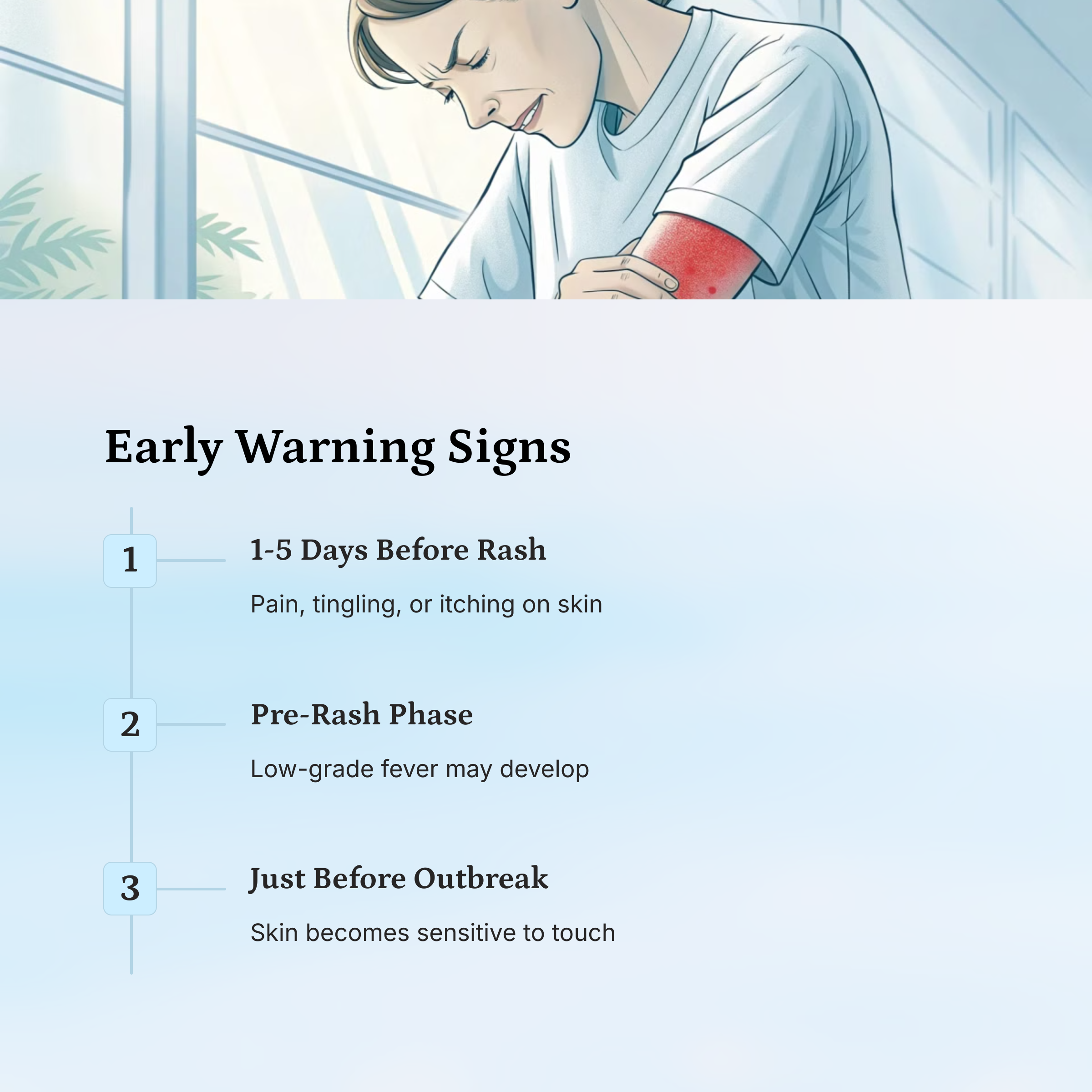 person touching sensitive skin area with pained expression, early shingles symptoms, soft natural lighting