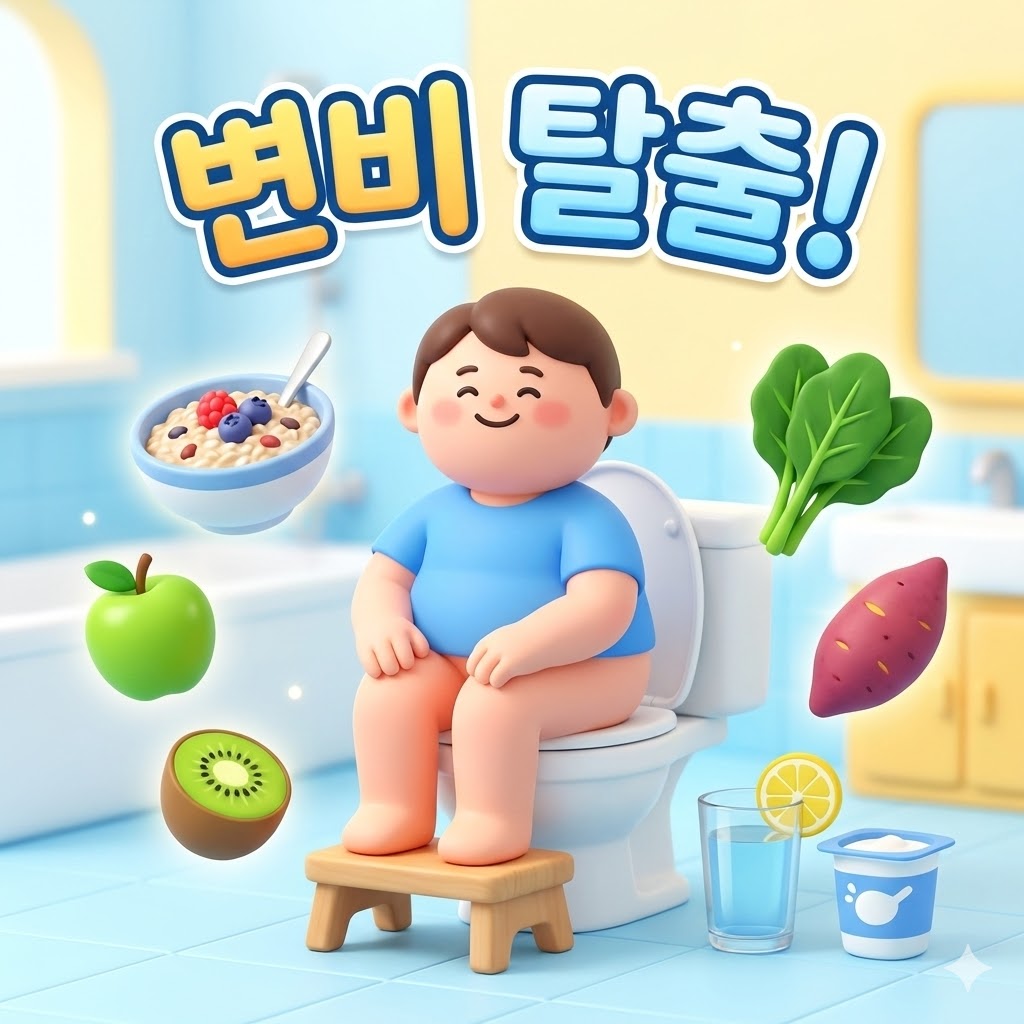 변비 해결을 돕는 건강한 음식과 물, 그리고 편안한 배변 자세를 취한 귀여운 캐릭터의 3D 카툰 일러스트.