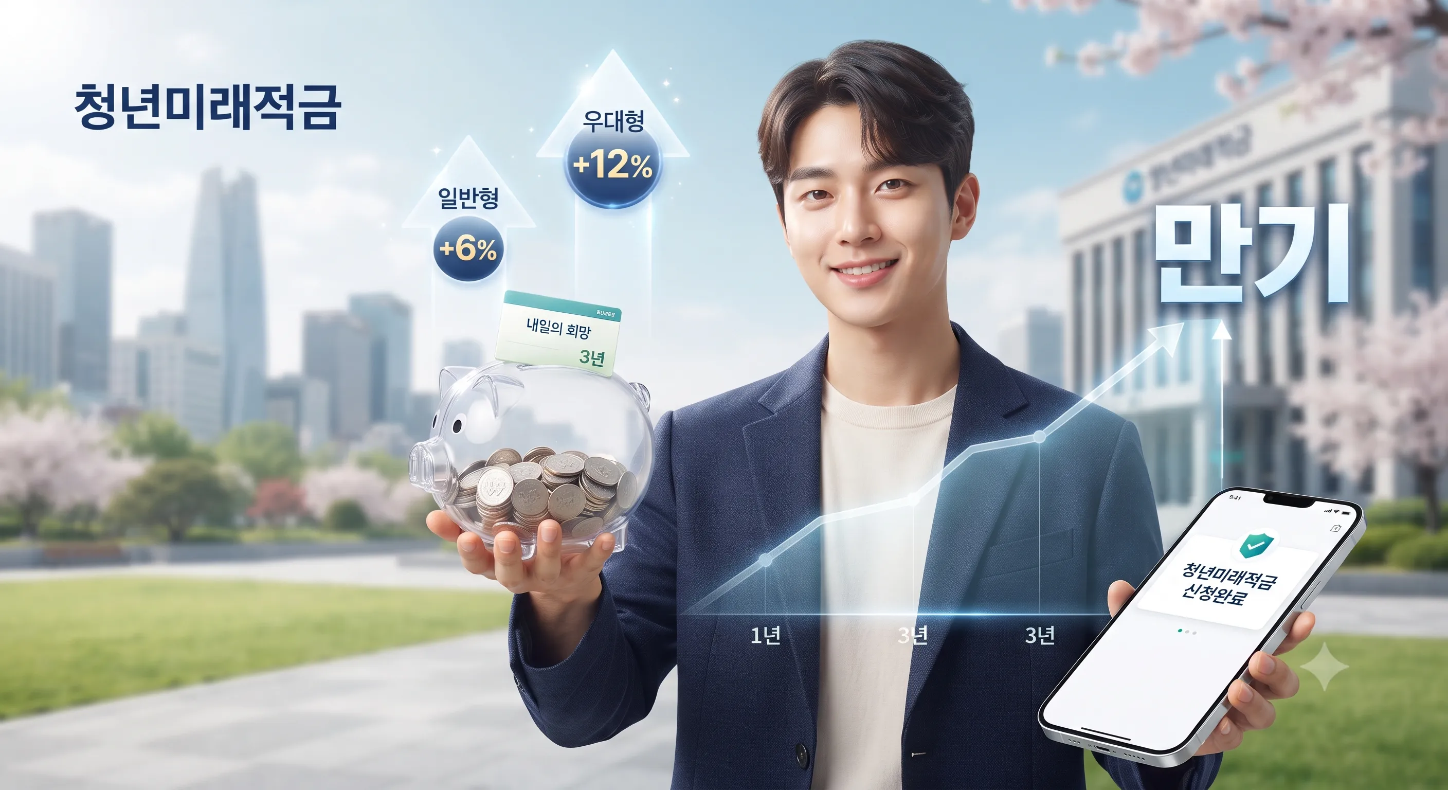 청년미래적금 일반형과 우대형 혜택 비교 및 만기 성장을 배경으로 환하게 웃고 있는 남성