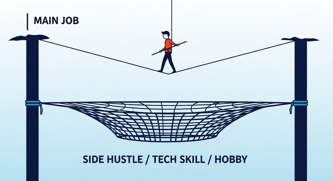 '본캐(회사원)'라는 외줄타기를 하다가 '부캐(유튜버/작가/기능사)'라는 안전그물이 받쳐주는 이미지