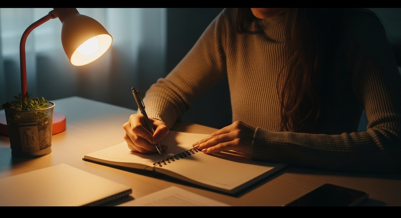 책상에서 노트에 생각을 적는 이미지