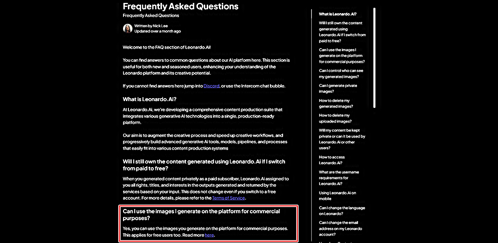 레오나르도 AI │FAQ 웹사이트 바로가기 링크 │이미지 상업적 이용 정책
