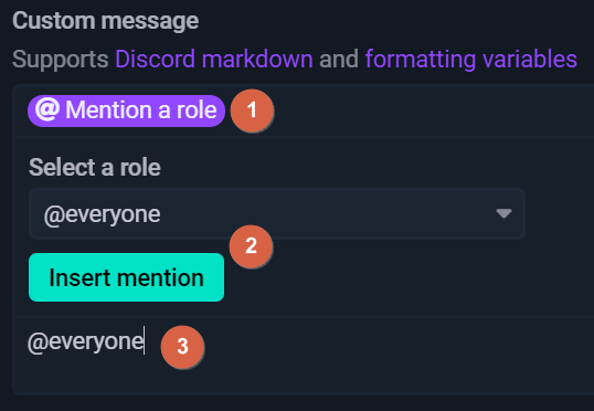 Streamcord 알림에서 커스텀 메시지 멘션 설정