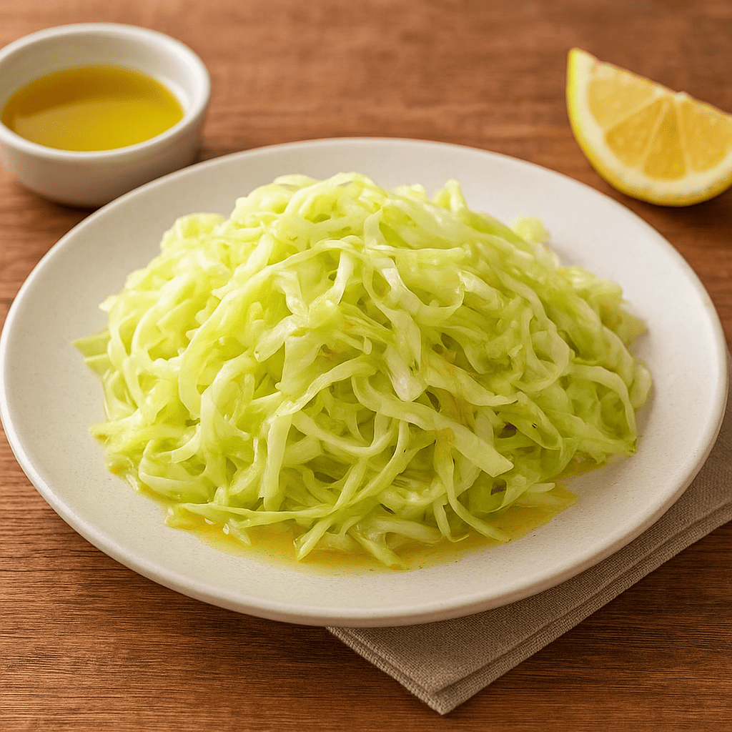 데친 양배추 위에 들기름이나 올리브유가 은은하게 뿌려진 모습