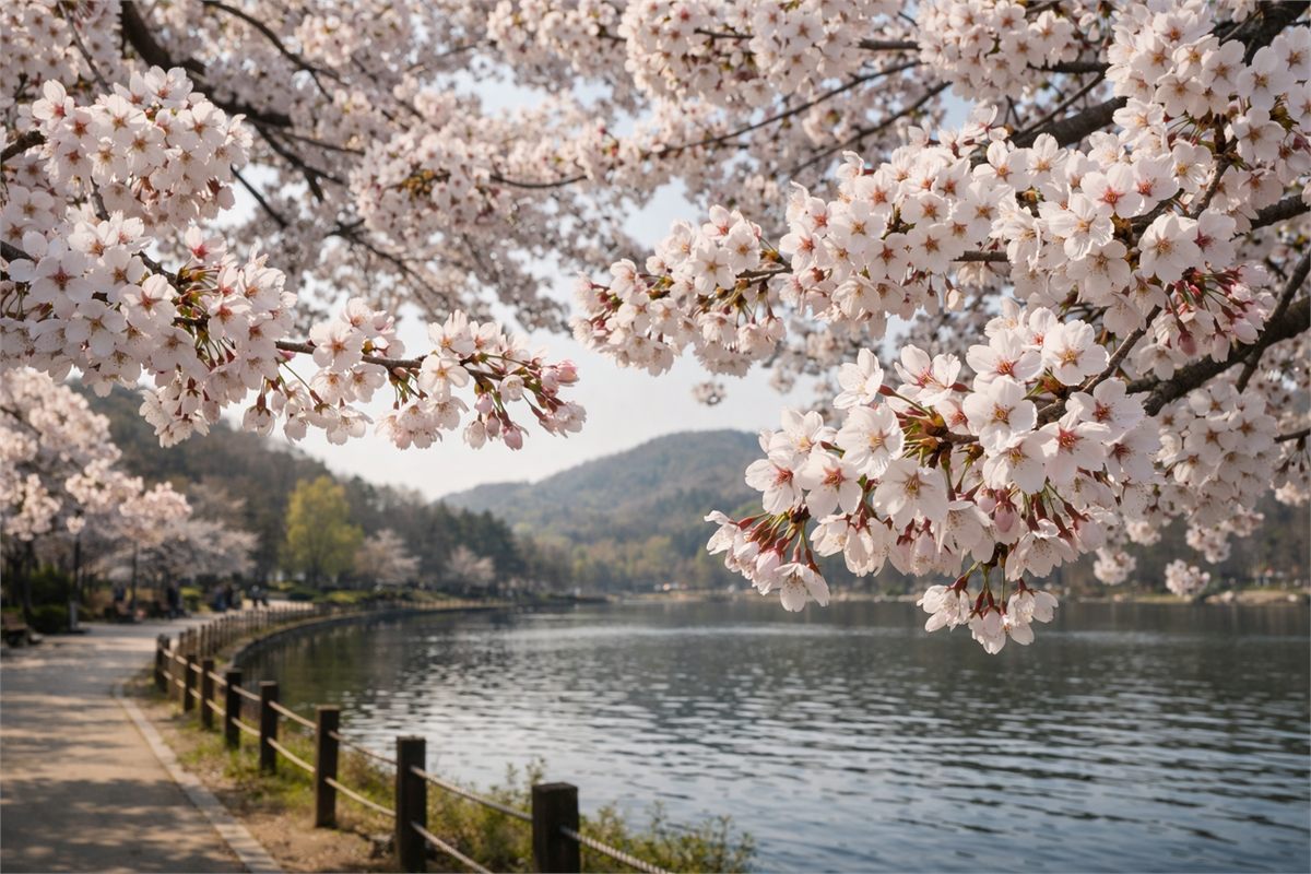 서울대공원 호수 옆으로 벚꽃이 길게 이어진 봄 풍경 