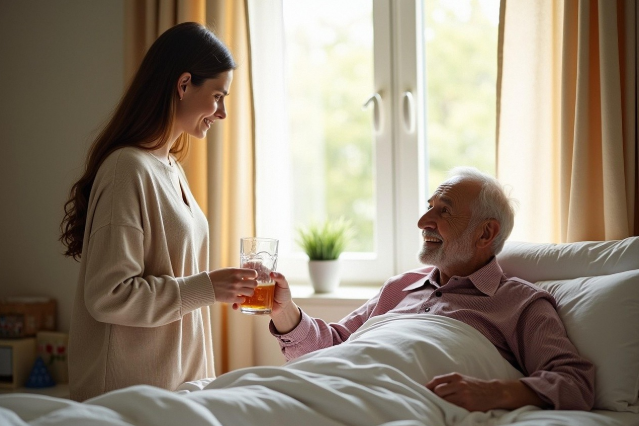 침대에 누워 있는 고령자가 젊은 여성에게 따뜻한 음료를 건네받으며 미소 짓는 장면.
창가에서 따뜻한 분위기 속에 일상 돌봄이 이루어지는 모습.