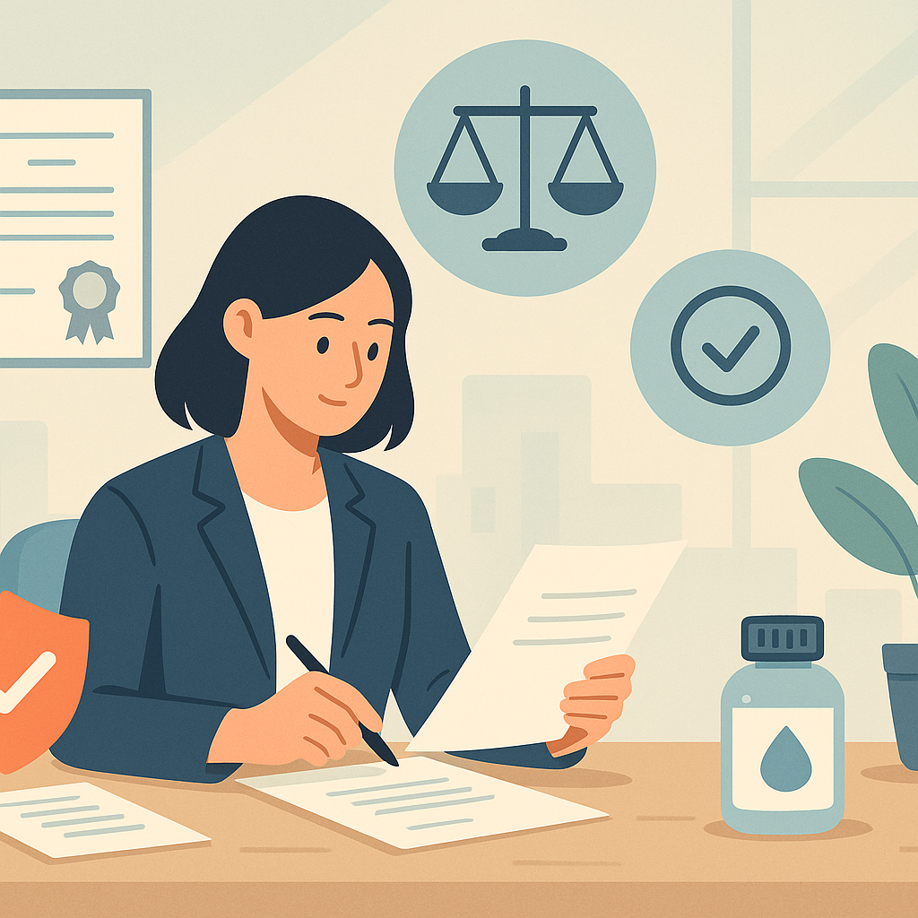 수입대행형 해외 화장품 책임판매 구조를 상징하듯 서류를 검토하는 전문가와 균형 저울, 체크 아이콘, 화장품 용기 등이 조화롭게 배치된 가로형 일러스트로, 인터넷 쇼핑몰 수입화장품 거래에서 화장품책임판매업 등록과 국문라벨 한글표시 의무·예외를 직관적으로 표현한 배너 이미지