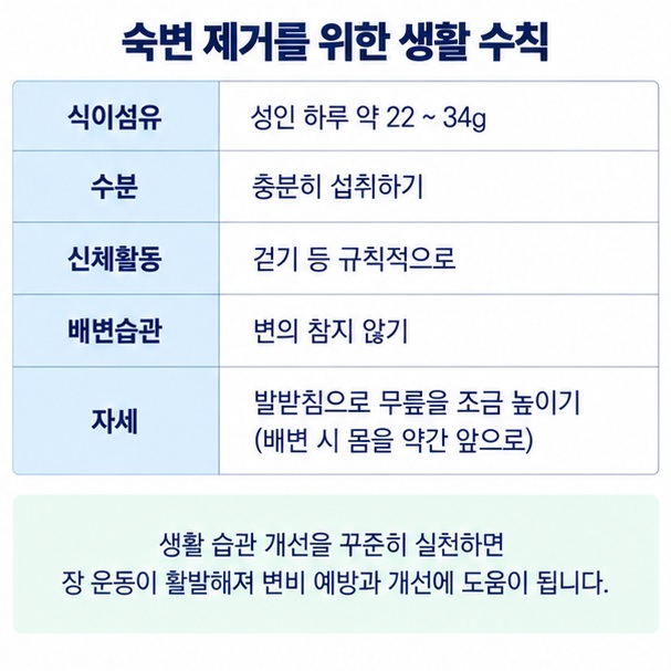 성인 하루 22에서 34그램 식이섬유와 충분한 수분 걷기 규칙적인 배변습관을 표로 정리한 이미지