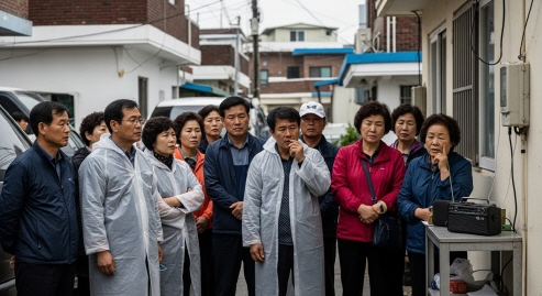 침수 위험 경고 방송에 주목하는 주민