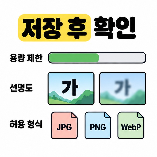 용량 제한을 나타내는 막대와 선명한 글자와 흐린 글자의 비교, JPG와 PNG와 WebP 형식을 함께 확인하는 그림