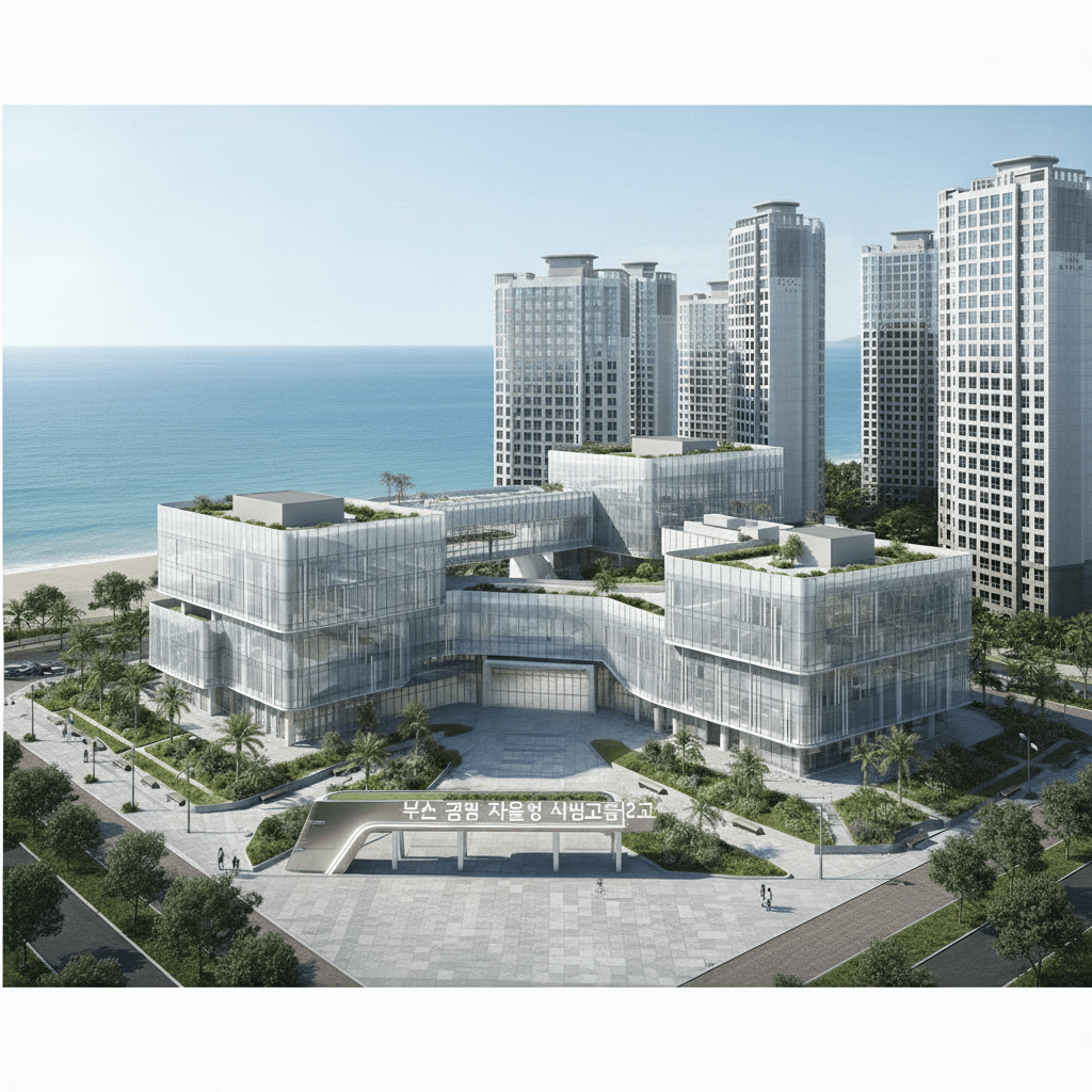 학교주의로 아파트가 둘러싸고 있고 주의에는 바다가 보인다