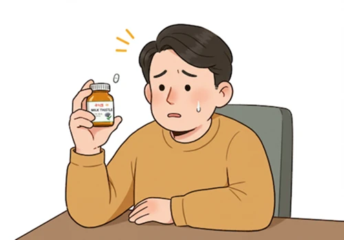 따뜻한 디지털 일러스트 스타일로 그린 밀크씨슬 약병을 들고 기대 반 의심 반인 인물 이미지