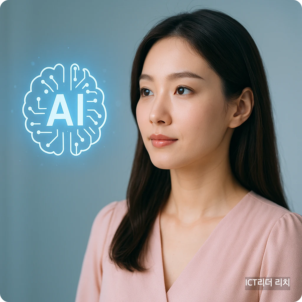 AI를 바라보며 미래를 상상하는 환한 미소의 여성 – AGI 관련 블로그 대표 썸네일 이미지