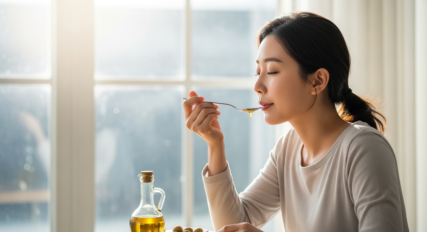 한국인-여성이-아침-공복에-작은-스푼으로-올리브오일을-섭취하는-모습