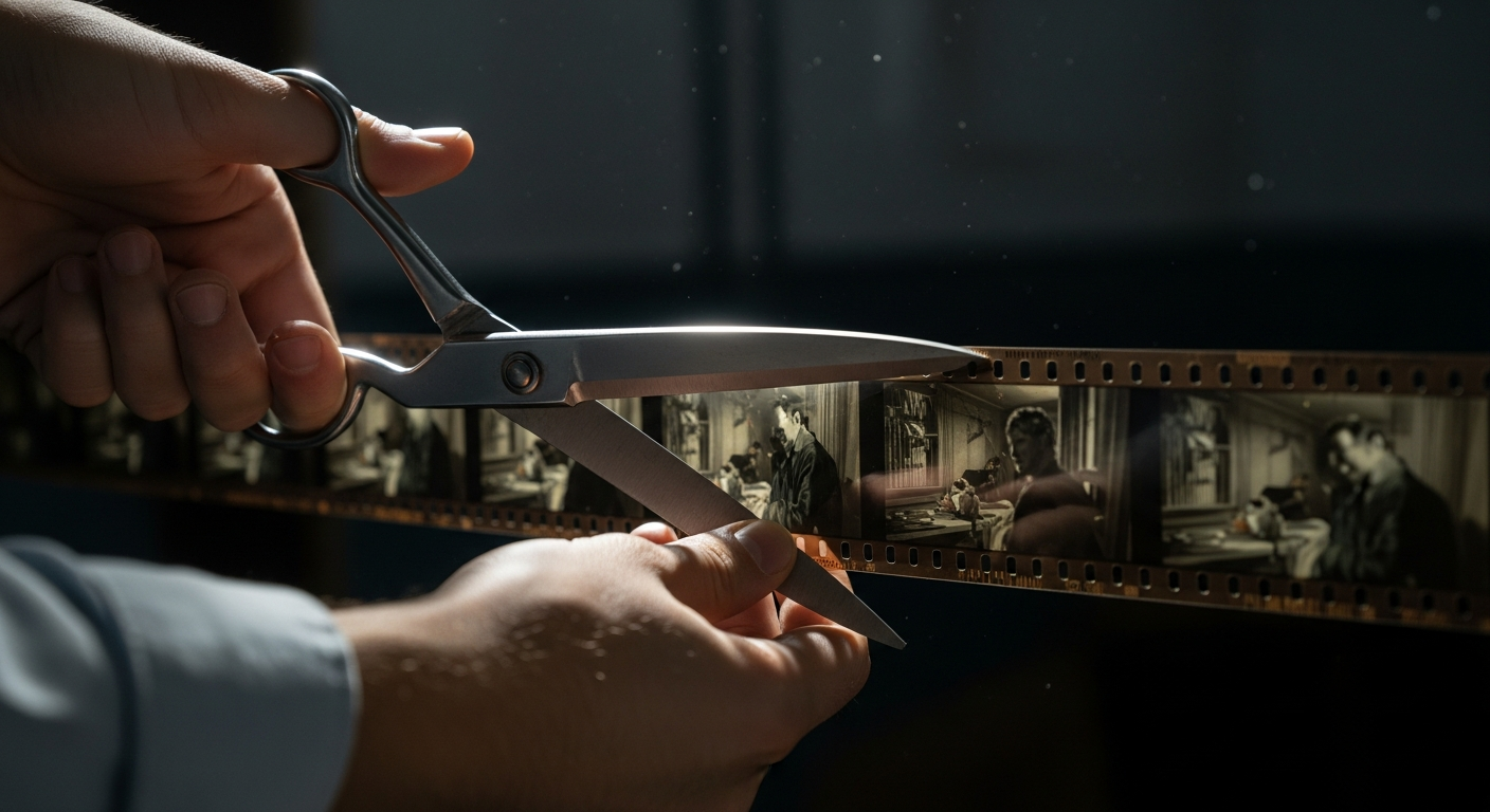 가위로 잘려나가는 영화 필름 스트립