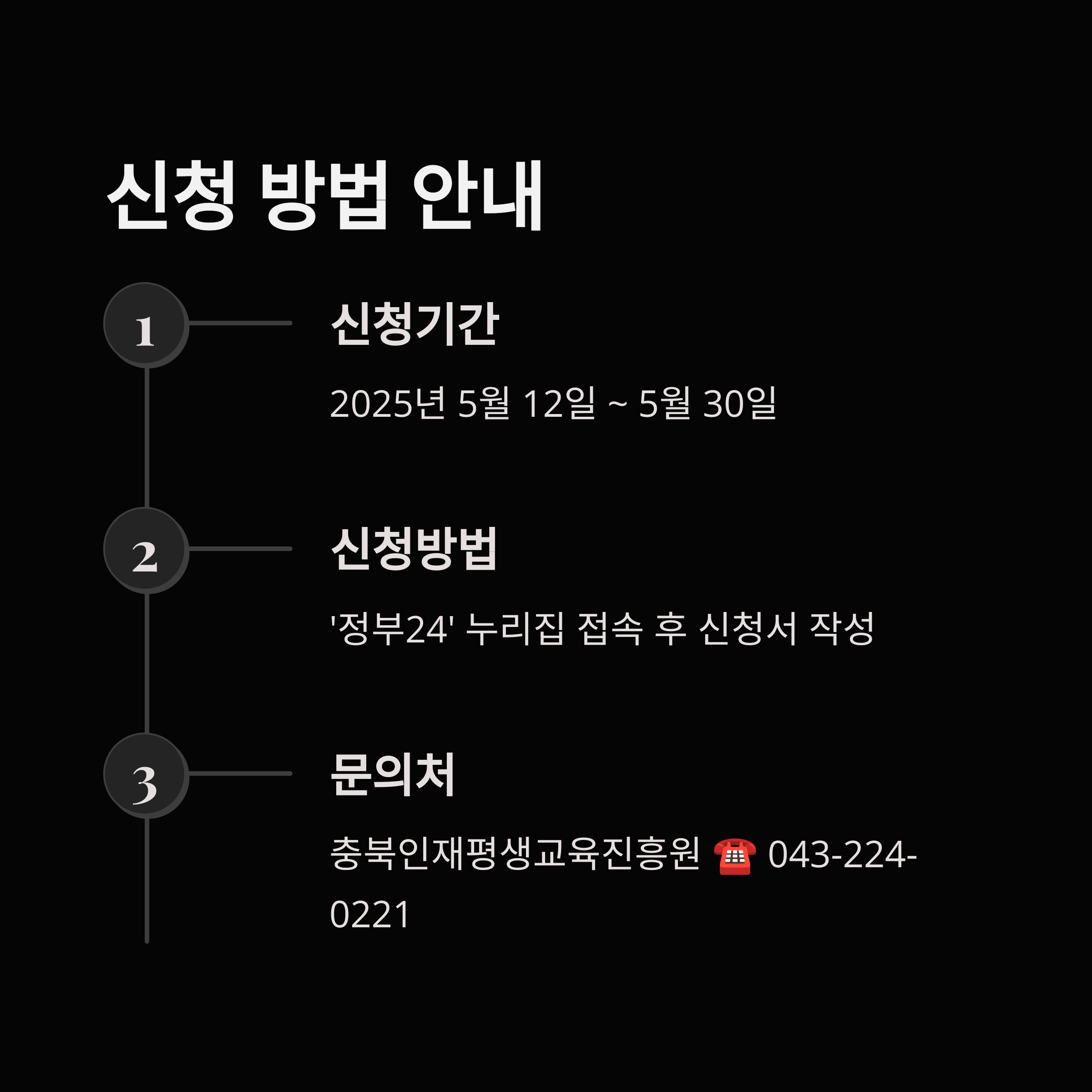 2025년 5월 12일부터 5월 30일까지 정부24 누리집에서 신청 가능한 평생교육 이용권 신청 방법 안내 이미지