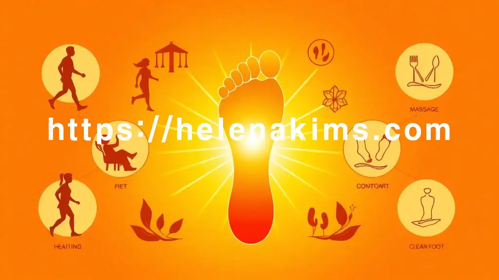 중앙에 활기차고 건강한 발 모양이 밝게 빛나고, 그 주변으로 생활 습관을 상징하는 아이콘들이 조화롭게 배치. 올바른 걷기 자세 실루엣, 균형 잡힌 건강한 식단 접시, 편안한 휴식을 상징하는 발 마사지, 깨끗한 발 모양의 위생 아이콘 이미지.