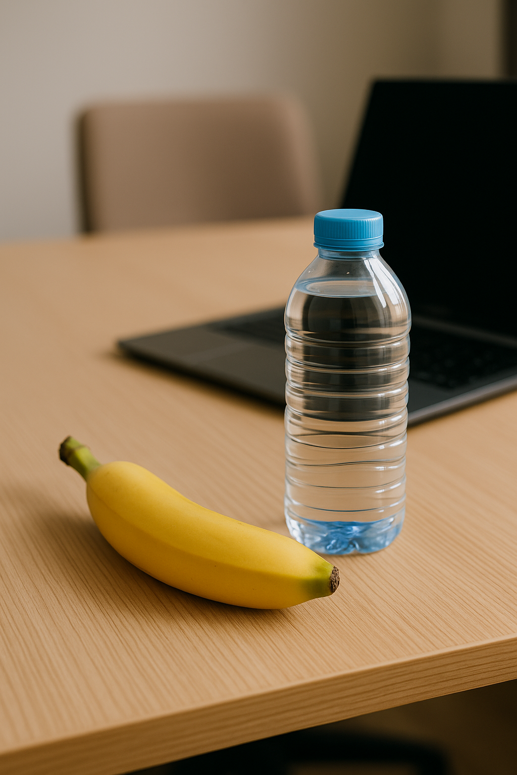 책상 위 바나나와 생수병, 칼륨 간식과 수분 보충 루틴