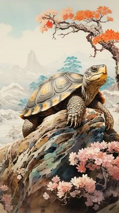 주변에-자주색-꽃이-핀-나무가-있으며-장수를-상징하는-거북이가-바위위에-앉아있는-모습