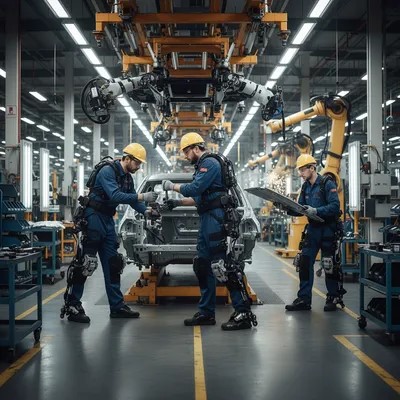 자동차 공장에서 웨어러블 로봇 착용 후 작업하는 장면