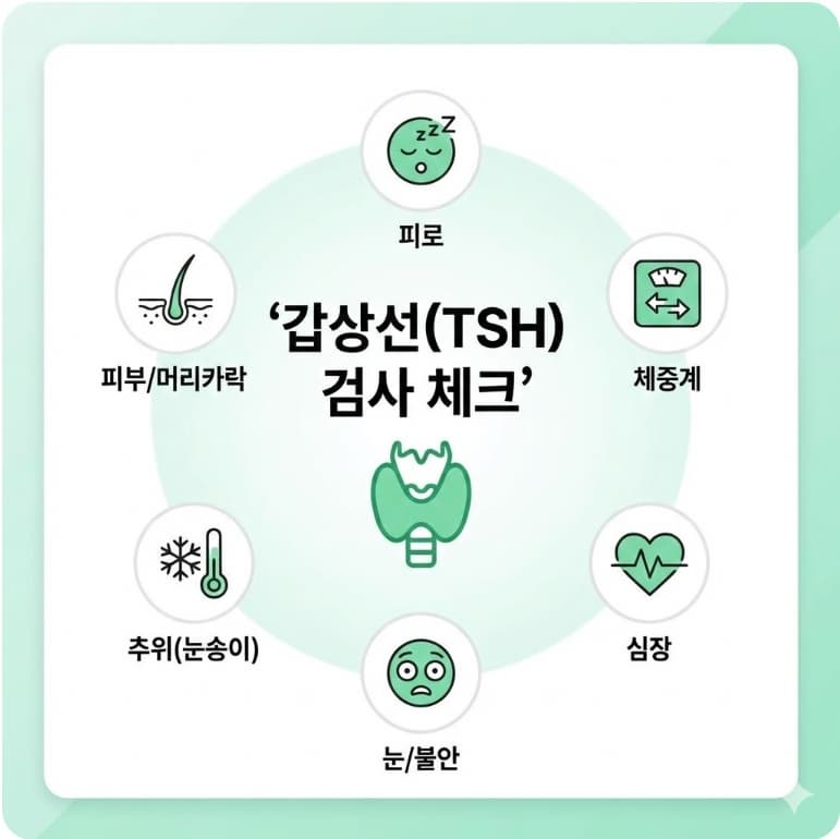 TSH 갑상선 검사 필요 신호(피로&middot;체중 변화&middot;두근거림 등)를 아이콘으로 정리한 인포그래픽