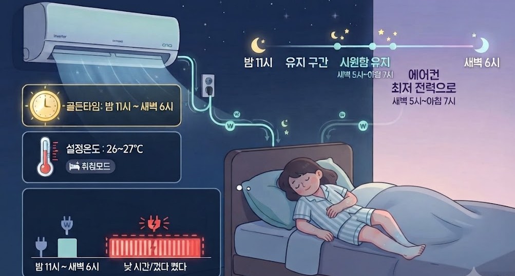 "밤 11시부터 새벽 6시까지 인버터 에어컨 가동 시 전기요금 절약 골든타임과 실내 온도 유지 원리를 보여주는 일러스트"