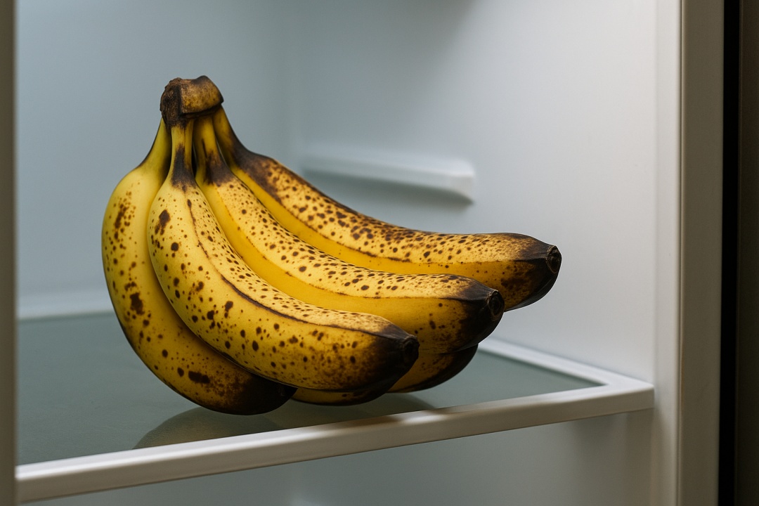 냉장고 유리 선반 위에 놓인 갈색 반점이 있는 잘 익은 바나나 다발