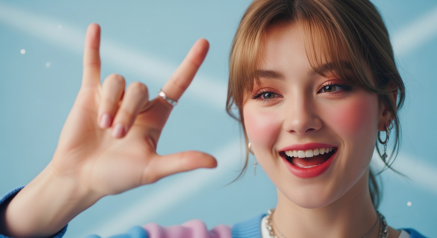 웃는 얼굴의 K-pop 팬이 'Super Shy' 또는 'Seven'의 쉬운 손동작을 따라 하는 모습