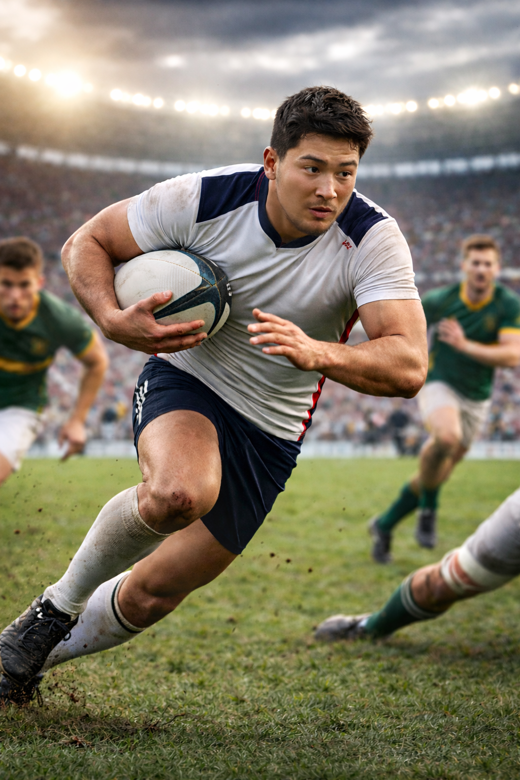 경기 중 공을 들고 돌파하는 럭비선수의 모습