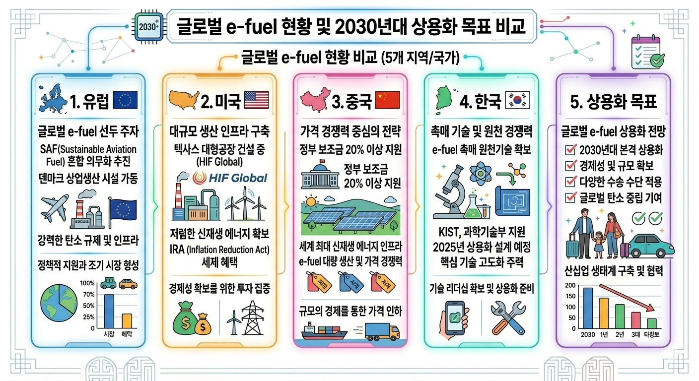 e-fuel 글로벌 현황 비교 인포그래픽 &mdash; 유럽&middot;미국&middot;중국&middot;한국 4개국