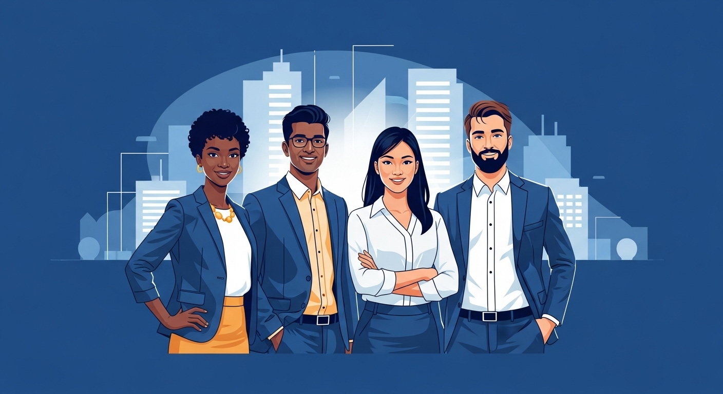 다양한 청년들이 함께 서 있는 모습, 중소기업 소득세 감면 대상의 폭넓음을 상징.