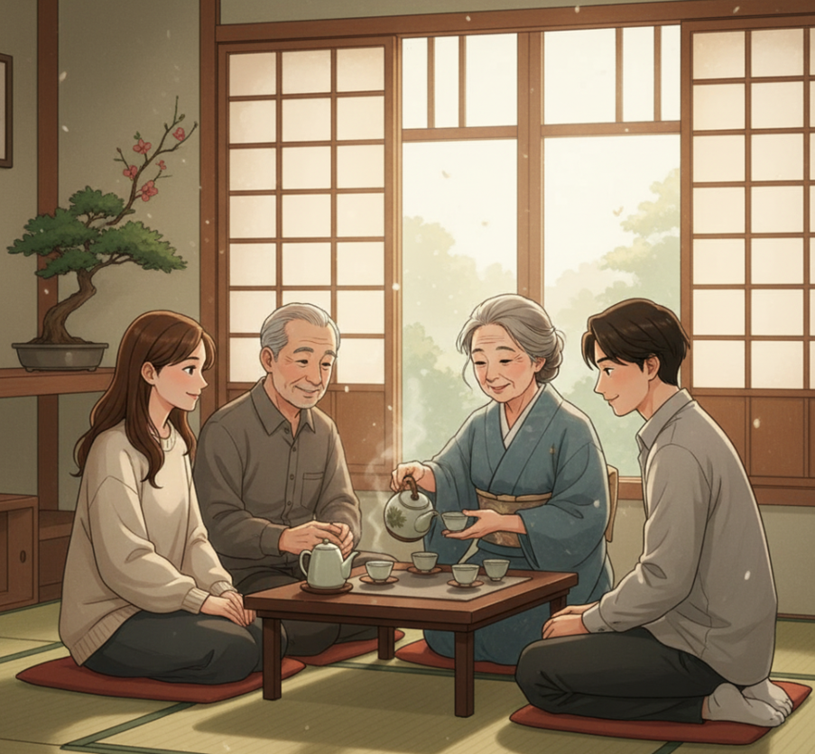 치매어르신들과 차를 마시는 모습