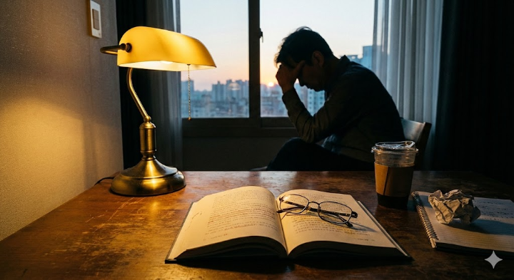 어스름한 새벽, 스탠드 불빛 아래 놓인 안경과 펼쳐진 책 - 고뇌와 사색의 분위기
