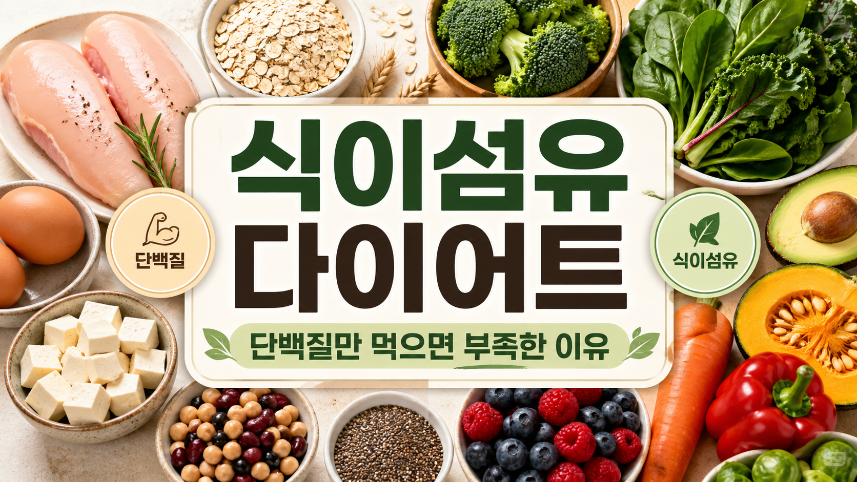 식이섬유 다이어트와 단백질 식단의 균형을 설명하는 썸네일 이미지. 닭가슴살, 달걀, 두부, 콩류, 귀리, 채소, 과일 등 단백질과 식이섬유 식품이 함께 배치되어 있다.