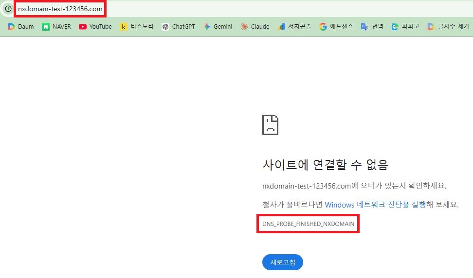 구글 크롬 브라우저에서 DNS_PROBE_FINISHED_NXDOMAIN 오류가 발생하며 웹페이지에 접속되지 않는 화면