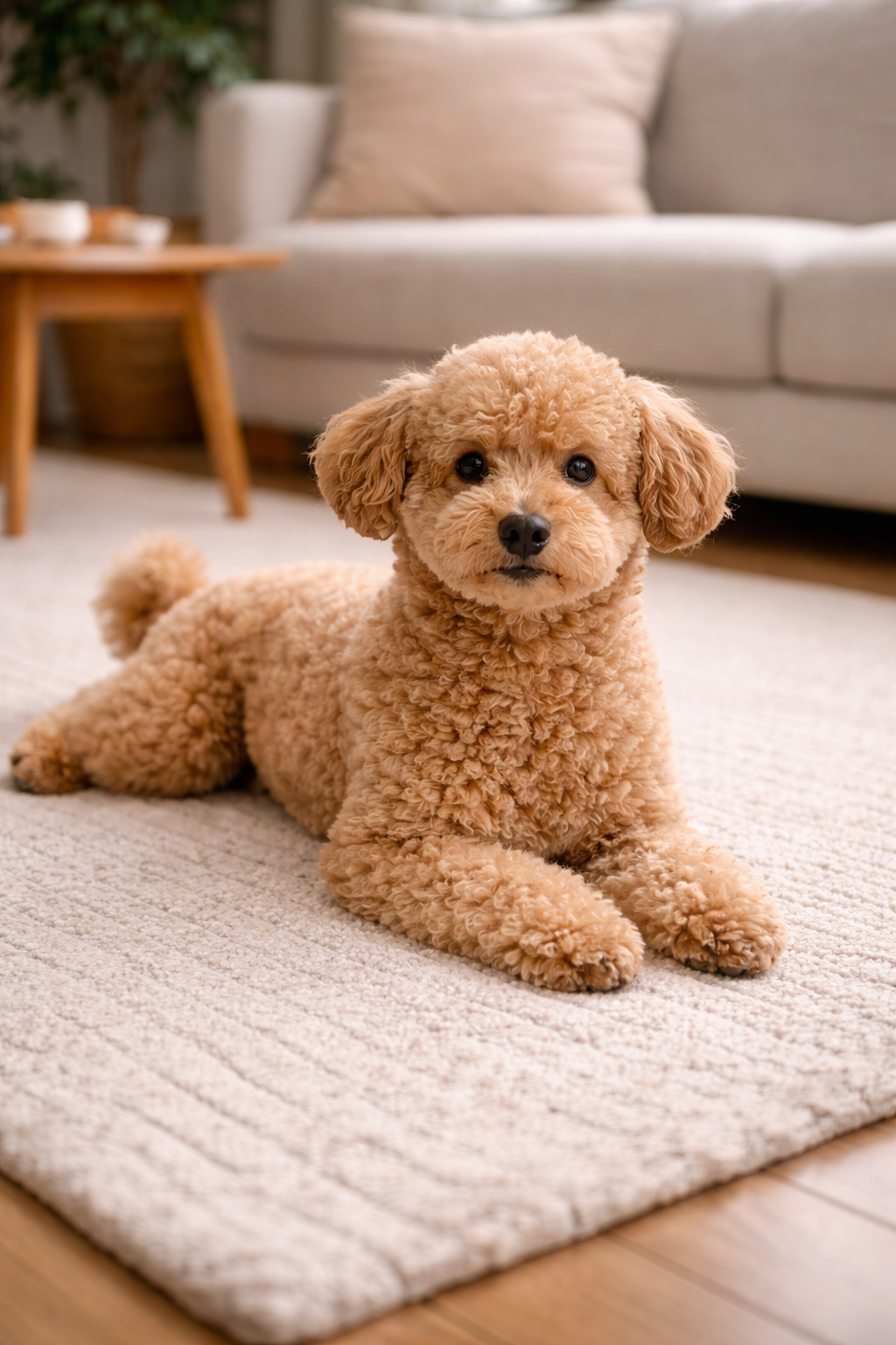 편안하게 바닥에 누워 쉬는 강아지