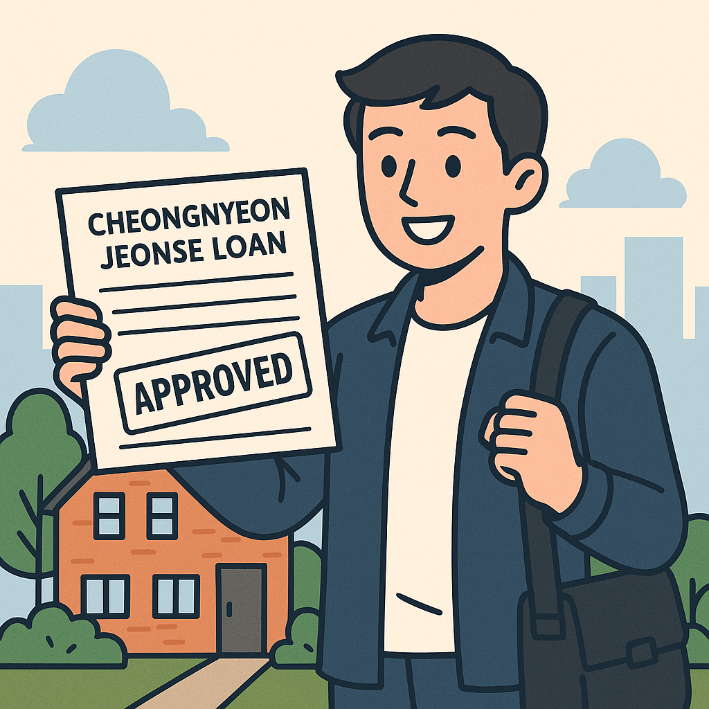 청년이 전세집을 찾는 장면 + 대출 승인 확인서&rdquo; 느낌의
일러스트 이미지