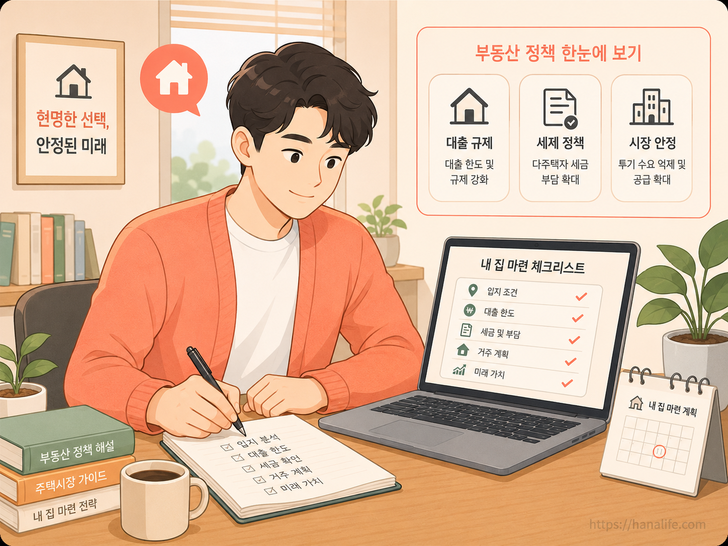노트북 앞에서 체크리스트를 검토하는 30~40대 실수요자
