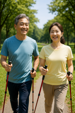공원에서 노르딕워킹을 하는 한국인 남녀