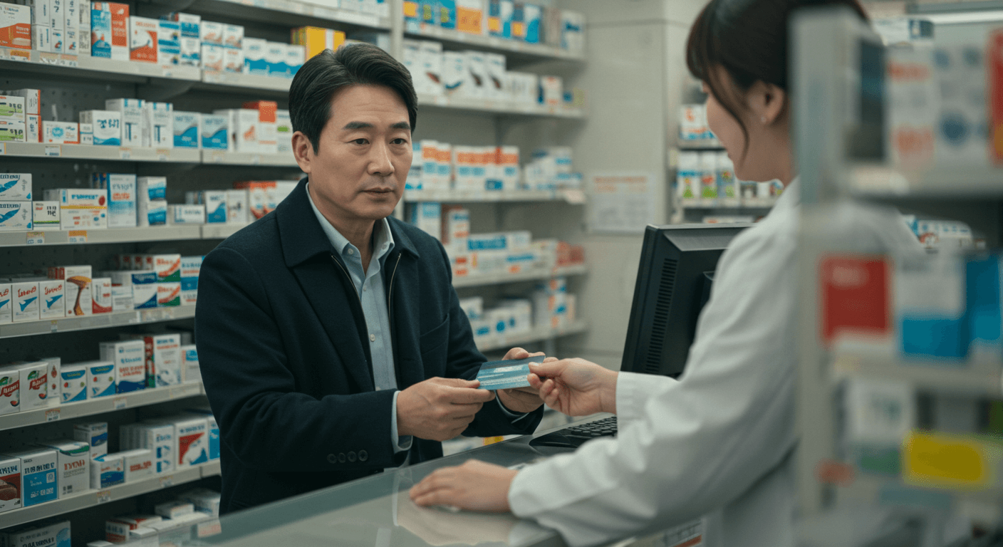 한 남성이 약국에서 소비쿠폰으로 지불하는 모습 1