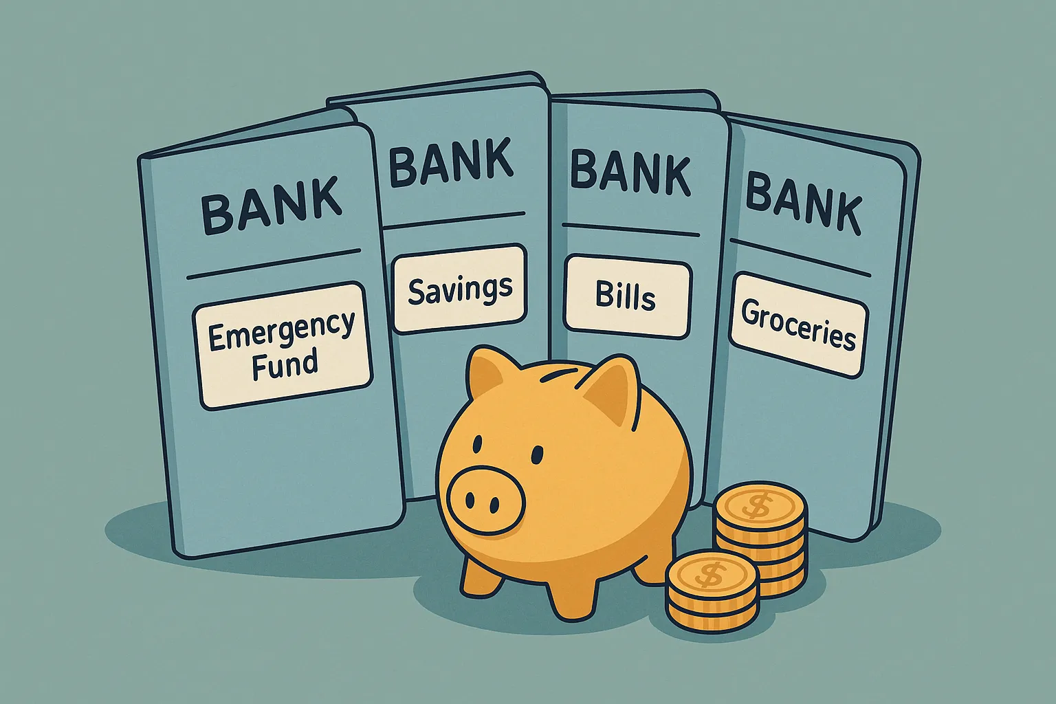 통장-쪼개기-전략의-절약-효과를-표현한-일러스트로,-비상금,-저축,-생활비-등으로-라벨이-붙은-통장과-저금통이-함께-그려져,-체계적인-예산-관리와-절약의-이미지를-전달함.