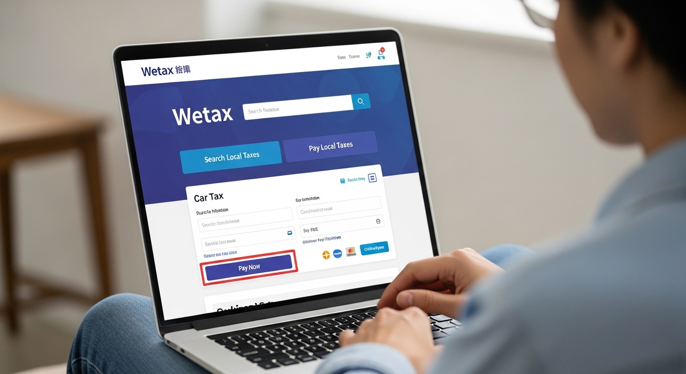 위택스 웹사이트에서 자동차세를 조회하고 납부하는 과정을 보여주는 노트북 화면 이미지