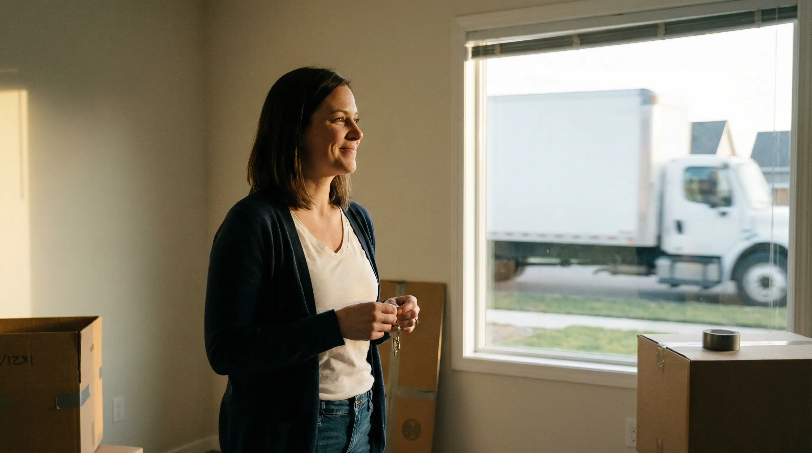 이사 트럭이 떠나고 빈집을 확인하며 안도하는 낙찰자의 모습과 새로운 열쇠 이미지