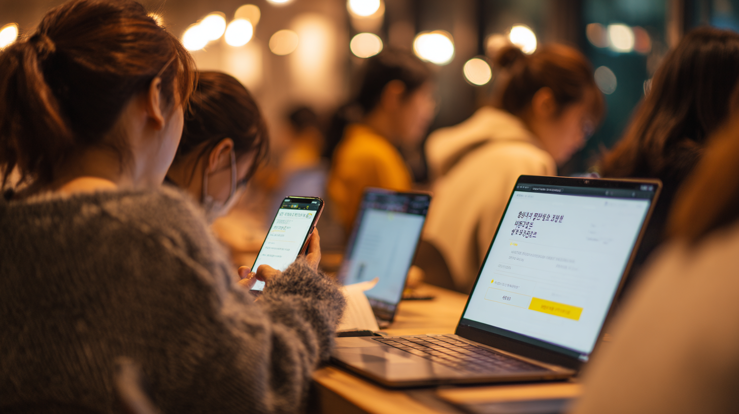 책상에 앉아 노트북으로 온라인 회원가입을 하는 한국인 청년들