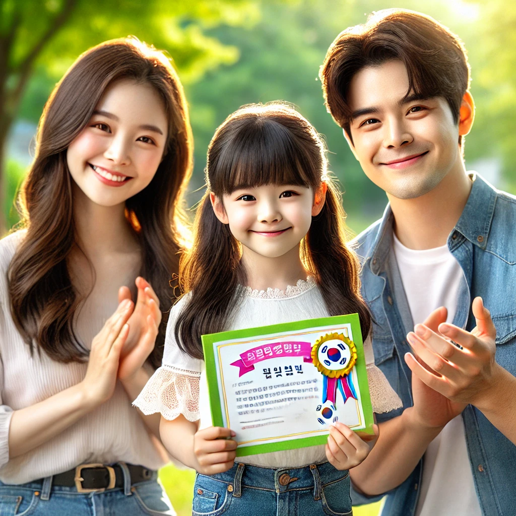 푸른 공원에서 딸이 학교 행사에서 받은 인증서를 들고 자랑스럽게 미소 지으며 부모가 박수치며 축하하는 장면